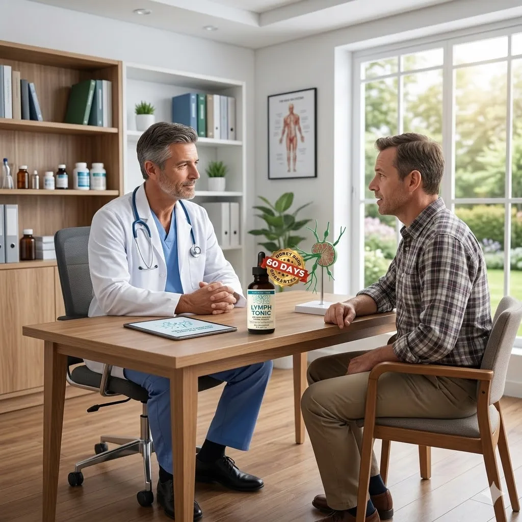 Doctor consulting a patient in a clinic with a bottle of Lymph Tonic for advanced lymphatic drainage support on the desk.